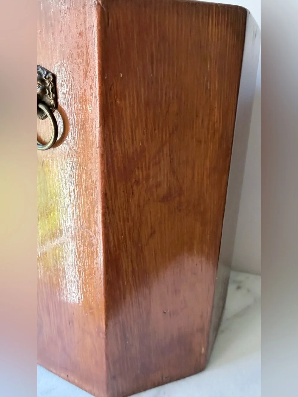 VTG /MC Wood Octagon Shape Trash Can Waste Bin With Lions Heads Unique Storage